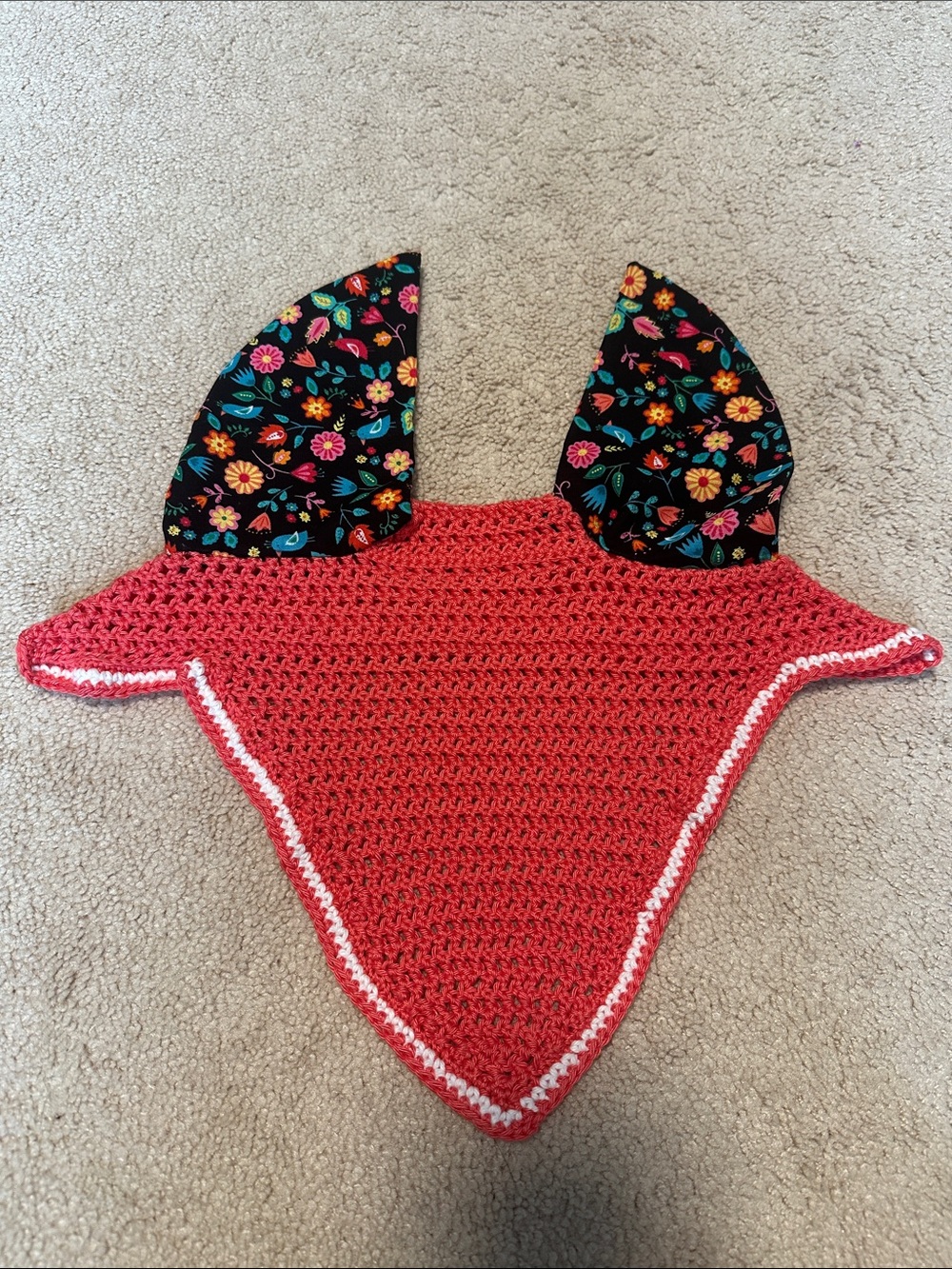 Orange Crochet Horse Ear Fly Bonnet with Floral Ears